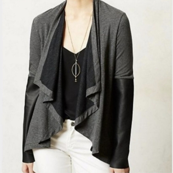 Bordeaux faux leather sleeve cropped open front cardigan - Picture 2 of 7